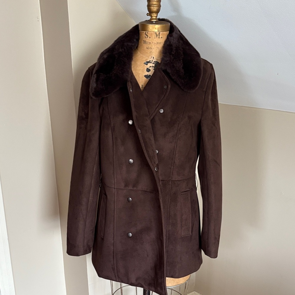 Wilson’s Leather Brown Faux Sued Rabbit Fur Collar Double-Breasted Coat L